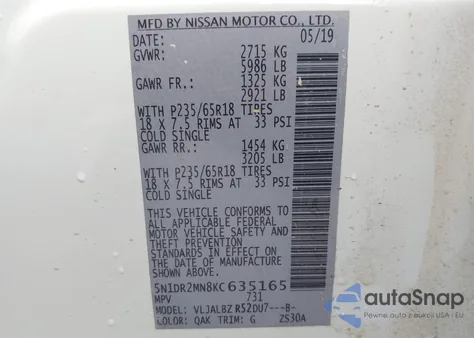 2019 Nissan Pathfinder S из США, поврежденный, VIN 5N1DR2MN8KC635165